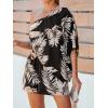 imageCUPSHE Womens One Shoulder Romper 34 Sleeve Wide Leg Mini Jumpsuit Short Draped Bodice Romper Casual Summer Loose OutfitBlack Leaves
