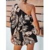 imageCUPSHE Womens One Shoulder Romper 34 Sleeve Wide Leg Mini Jumpsuit Short Draped Bodice Romper Casual Summer Loose OutfitBlack Leaves