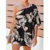 imageCUPSHE Womens One Shoulder Romper 34 Sleeve Wide Leg Mini Jumpsuit Short Draped Bodice Romper Casual Summer Loose OutfitBlack Leaves