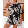 imageCUPSHE Womens One Shoulder Romper 34 Sleeve Wide Leg Mini Jumpsuit Short Draped Bodice Romper Casual Summer Loose OutfitBlack Leaves