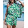 imageCUPSHE Womens One Shoulder Romper 34 Sleeve Wide Leg Mini Jumpsuit Short Draped Bodice Romper Casual Summer Loose OutfitGreen Leopard