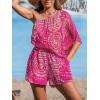 imageCUPSHE Womens One Shoulder Romper 34 Sleeve Wide Leg Mini Jumpsuit Short Draped Bodice Romper Casual Summer Loose OutfitRed Paisley