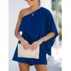 imageCUPSHE Womens One Shoulder Romper 34 Sleeve Wide Leg Mini Jumpsuit Short Draped Bodice Romper Casual Summer Loose OutfitRoyal Blue
