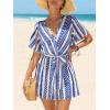 imageCUPSHE Womens Romper V Neck Short Sleeves Colorful Tropical Jumpsuit Straight leg Outfit Casual DressyBlue
