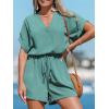 imageCUPSHE Womens Romper V Neck Short Sleeves Colorful Tropical Jumpsuit Straight leg Outfit Casual DressyGreen