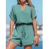 imageCUPSHE Womens Romper V Neck Short Sleeves Colorful Tropical Jumpsuit Straight leg Outfit Casual DressyGreen