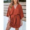 imageCUPSHE Womens V Neck Summer Dress 34 Kimono Sleeve Self Tie Pleated Loose Slit Mini Casual DressBurnt Orange