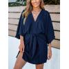imageCUPSHE Womens V Neck Summer Dress 34 Kimono Sleeve Self Tie Pleated Loose Slit Mini Casual DressNavy Blue