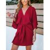 imageCUPSHE Womens V Neck Summer Dress 34 Kimono Sleeve Self Tie Pleated Loose Slit Mini Casual DressRed