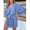 imageCUPSHE Womens V Neck Summer Dress 34 Kimono Sleeve Self Tie Pleated Loose Slit Mini Casual DressSky Blue