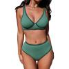 imageCUPSHE Womens Bikini Sets Two Piece Bathing Suit High Waisted Plunging Neck Underwire Back Tie Color BlockSage Green
