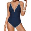 imageCUPSHE Womens One Piece Swimsuit Plunging V Wire Neck Bathing Suit Ruched Crisscross Lace up Back Tie SwimwearNavy Blue