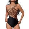imageCUPSHE Womens One Piece Swimsuit Tummy Control One Shoulder Asymmetrical Neck Bathing Suit Ruched Wide StrapsBlackLeopard