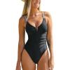 imageCUPSHE Womens One Piece Swimsuit Tummy Control V Wire Neck Bathing Suit Ruched High Cut Adjustable StrapsBlack