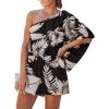 imageCUPSHE Womens One Shoulder Romper 34 Sleeve Wide Leg Mini Jumpsuit Short Draped Bodice Romper Casual Summer Loose OutfitBlack Leaves