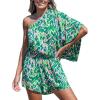 imageCUPSHE Womens One Shoulder Romper 34 Sleeve Wide Leg Mini Jumpsuit Short Draped Bodice Romper Casual Summer Loose OutfitGreen Leopard