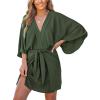 imageCUPSHE Womens V Neck Summer Dress 34 Kimono Sleeve Self Tie Pleated Loose Slit Mini Casual DressOlive Green