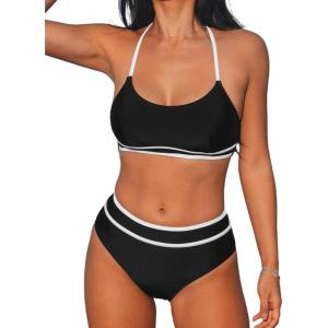 imageCUPSHE Womens Bikini Sets Two Piece Swimsuit High Waisted Scoop Neck Color Block Strappy Spaghetti Adjustable StrapsBlackWhite