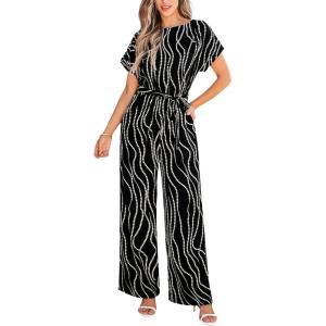 imageCUPSHE Womens Dressy Short Sleeves Belted Waist Wide Leg Summer Jumpsuit Vacation Trendy OutfitsBlack