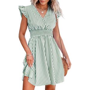 imageCUPSHE Womens Mini Dress V Neck Flutter Sleeve Striped Smocked Waist A Line Short Summer Cocktail DressGreen Striped