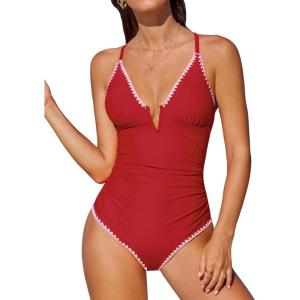 imageCUPSHE Womens One Piece Swimsuit Plunging V Wire Neck Bathing Suit Ruched Crisscross Lace up Back Tie SwimwearCherry Red