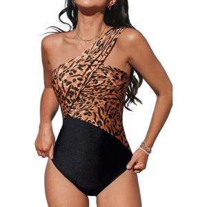 imageCUPSHE Womens One Piece Swimsuit Tummy Control One Shoulder Asymmetrical Neck Bathing Suit Ruched Wide StrapsBlackLeopard