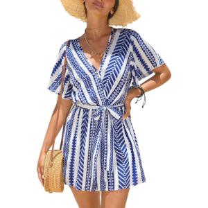 imageCUPSHE Womens Romper V Neck Short Sleeves Colorful Tropical Jumpsuit Straight leg Outfit Casual DressyBlue
