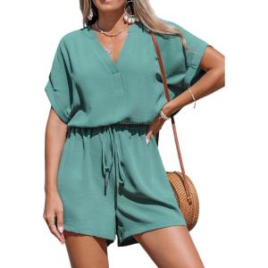 imageCUPSHE Womens Romper V Neck Short Sleeves Colorful Tropical Jumpsuit Straight leg Outfit Casual DressyGreen
