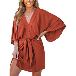 imageCUPSHE Womens V Neck Summer Dress 34 Kimono Sleeve Self Tie Pleated Loose Slit Mini Casual DressBurnt Orange
