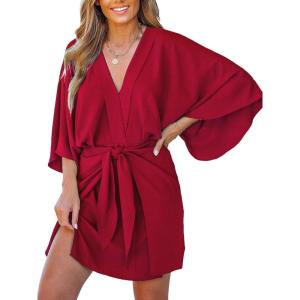 imageCUPSHE Womens V Neck Summer Dress 34 Kimono Sleeve Self Tie Pleated Loose Slit Mini Casual DressRed
