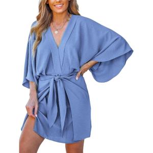 imageCUPSHE Womens V Neck Summer Dress 34 Kimono Sleeve Self Tie Pleated Loose Slit Mini Casual DressSky Blue