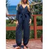 imageCUPSHE Womens Romper Knit V Neck 34 sleeve Waist Tie Tapered Leg fit Jumpsuit Outfit Casual DressyNavy