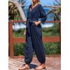 imageCUPSHE Womens Romper Knit V Neck 34 sleeve Waist Tie Tapered Leg fit Jumpsuit Outfit Casual DressyNavy