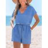 imageCUPSHE Womens Romper V Neck Short Sleeves Tied Waist Wide leg Jumpsuit Outfi Casual VacationBlue