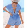 imageCUPSHE Womens Romper V Neck Short Sleeves Tied Waist Wide leg Jumpsuit Outfi Casual VacationBlue