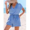 imageCUPSHE Womens Romper V Neck Short Sleeves Tied Waist Wide leg Jumpsuit Outfi Casual VacationBlue