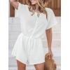imageCUPSHE Womens Romper Woven Round neckline Short sleeves Drawstring waist Button front Wide leg Outfit CoverupWhite