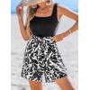 imageCUPSHE Womens Romper Woven Square neckline Sleeveless Paperbag waist Straight leg Outfit Casual DressyBlack Leaves