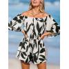 imageCUPSHE Womens Summer Casual 34 Sleeve Romper Wide Leg Floral Tropical Off Shoulder Elastic Waist Jumpsuit with PocketsBlack