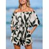 imageCUPSHE Womens Summer Casual 34 Sleeve Romper Wide Leg Floral Tropical Off Shoulder Elastic Waist Jumpsuit with PocketsBlack
