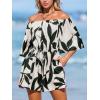 imageCUPSHE Womens Summer Casual 34 Sleeve Romper Wide Leg Floral Tropical Off Shoulder Elastic Waist Jumpsuit with PocketsBlack