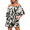 imageCUPSHE Womens Summer Casual 34 Sleeve Romper Wide Leg Floral Tropical Off Shoulder Elastic Waist Jumpsuit with PocketsBlack