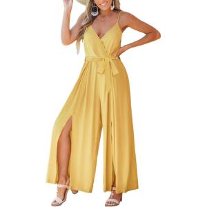 imageCUPSHE Womens Sleeveless Spaghetti Straps Jumpsuit Self Tie Split Long Pants Dressy Vacation OutfitsYellow