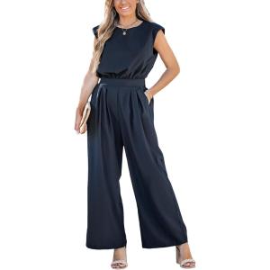imageCUPSHE Womens Summer Cap Sleeve Jumpsuit Round Neck Sleeveless Front Pleats Straight Leg Romper Beach Vacation OutfitsBlack
