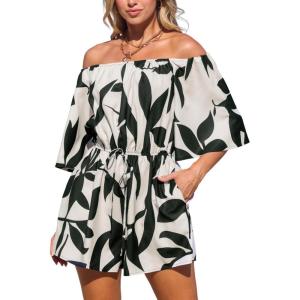 imageCUPSHE Womens Summer Casual 34 Sleeve Romper Wide Leg Floral Tropical Off Shoulder Elastic Waist Jumpsuit with PocketsBlack