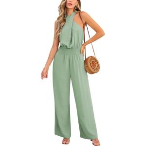 imageCUPSHE Womens Summer Sleeveless Smocked Waist Straight Leg Tie Back Dressy Jumpsuits Rompers 2025 Trendy OutfitsGreen