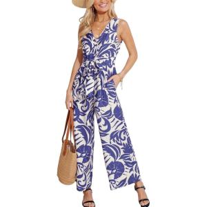 imageCUPSHE Womens Surplice Neckline Sleeveless Jumpsuit Waist Wie Wide Leg Dressy Vacation Beach 2025 OutfitsBlue