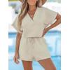 imageCUPSHE Womens Romper Knit V Neck Short Sleeves Drawstring Waist Straight leg Outfit Casual DressyBeige