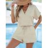 imageCUPSHE Womens Romper Knit V Neck Short Sleeves Drawstring Waist Straight leg Outfit Casual DressyBeige