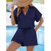 imageCUPSHE Womens Romper Knit V Neck Short Sleeves Drawstring Waist Straight leg Outfit Casual DressyNavy Blue